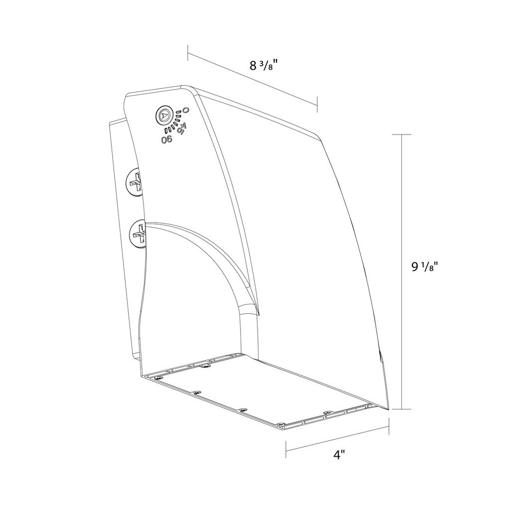 Dimension drawing of the RAB SLIM17FA80ADJ SLIM17 Field-Adjustable Wall Pack – 80W – Selectable 3000K/4000K/5000K – 11682-12364 Lumens – 120-277V – Integrated Photocell – Adjustable Light Engine – Bronze Finishshowing fixture dimensions and mounting measurements.