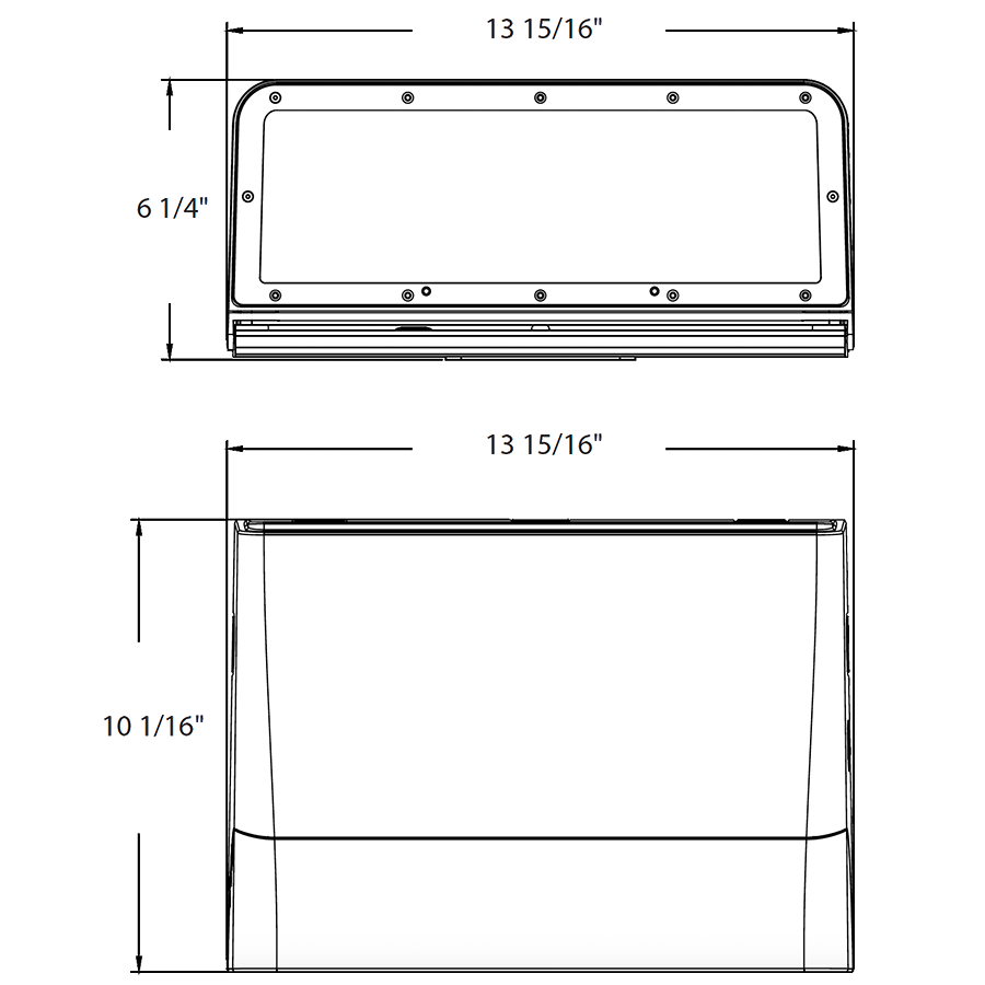 Dimension drawing of the RAB SLIM22-L-150/480 SLIM22 Field-Adjustable Wall Pack – Large – Selectable 75W/100W/125W/150W – Selectable 3000K/4000K/5000K – 11462-21727 Lumens – 480V – Adjustable Optics – Bronze Finishshowing fixture dimensions and mounting measurements.