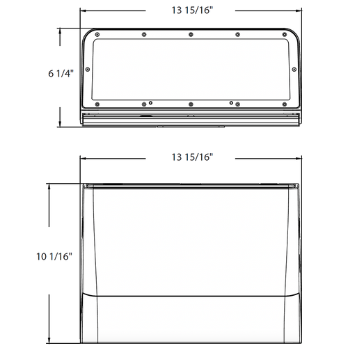 Dimension drawing of the RAB SLIM22-L-150 SLIM22 Field-Adjustable Wall Pack – Large – Selectable 75W/100W/125W/150W – Selectable 3000K/4000K/5000K – 11462-21727 Lumens – 120-277V – Adjustable Optics – Bronze Finishshowing fixture dimensions and mounting measurements.