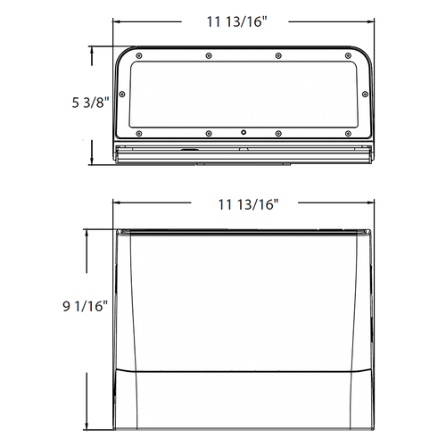 Dimension drawing of the RAB SLIM22-M-100/E SLIM22 Field-Adjustable Wall Pack – Medium – Selectable 50W/70W/85W/100W – Selectable 3000K/4000K/5000K – 7219-14382 Lumens – 120-277V – Emergency Battery Backup – Adjustable Optics – Bronze Finishshowing fixture dimensions and mounting measurements.