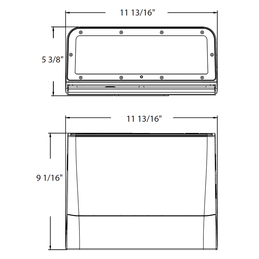 Dimension drawing of the RAB SLIM22-M-100W/E SLIM22 Field-Adjustable Wall Pack – Medium – Selectable 50W/70W/85W/100W – Selectable 3000K/4000K/5000K – 7219-14382 Lumens – 120-277V – Emergency Battery Backup – Adjustable Optics – White Finishshowing fixture dimensions and mounting measurements.