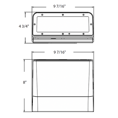 Dimension drawing of the RAB SLIM22-S-30 SLIM22 Field-Adjustable Wall Pack – Small – Selectable 15W/20W/25W/30W – Selectable 3000K/4000K/5000K – 2199-4833 Lumens – 120-277V – Adjustable Optics – Bronze Finishshowing fixture dimensions and mounting measurements.