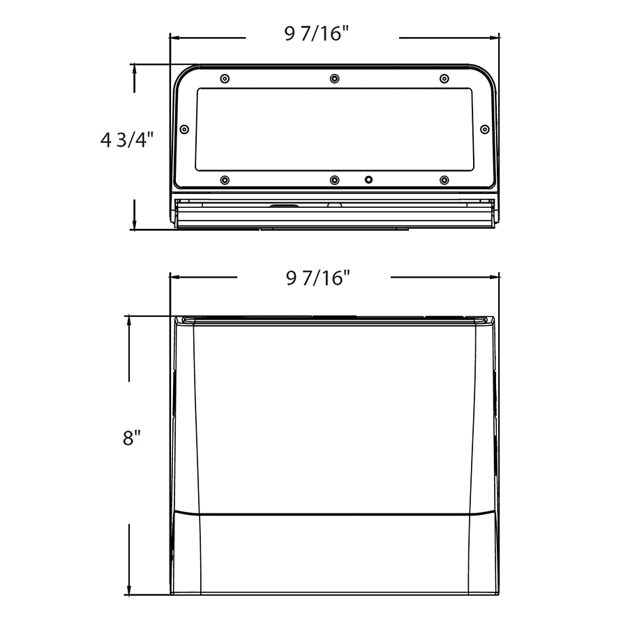 Dimension drawing of the RAB SLIM22-S-60/E SLIM22 Field-Adjustable Wall Pack – Small – Selectable 30W/40W/50W/60W – Selectable 3000K/4000K/5000K – 4418-8862 Lumens – 120-277V – Emergency Battery Backup – Adjustable Optics – Bronze Finishshowing fixture dimensions and mounting measurements.
