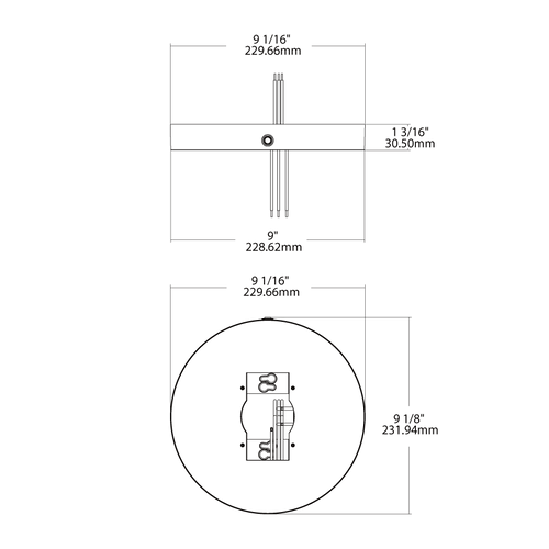 Dimension drawing of the RAB SM-9R-W/EMBB Surface Mount Downlight – 9" – Emergency Battery Backup Module – White – 100-277Vshowing fixture dimensions and mounting measurements.
