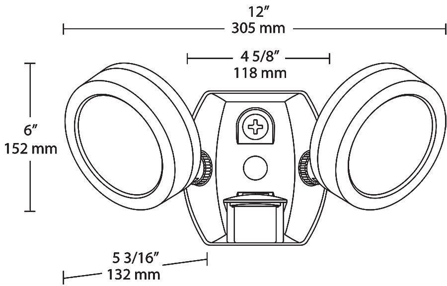 Dimension drawing of the RAB SMSLES2X13 LESLIE SMS Dual Head Bullet Flood Light – 26W – 5000K – 2716 Lumens – 120V – 80 CRI – Bronze Finishshowing fixture dimensions and mounting measurements.