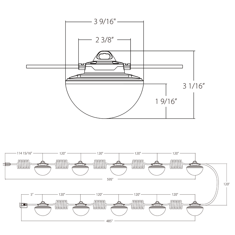 Dimension drawing of the RAB STRING17-100 STRING17 Temporary String Light – 100W – 5000K – 12000 Lumens – 120Vshowing fixture dimensions and mounting measurements.