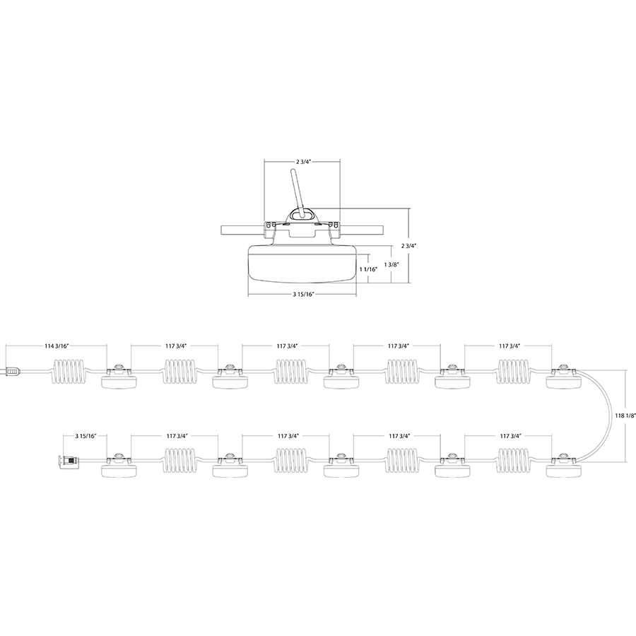 Dimension drawing of the RAB STRING34-100G STRINGER34 Temporary String Light – 100ft – Grounded – 5000K – CRI 80 – 16000 Lumens – 120Vshowing fixture dimensions and mounting measurements.