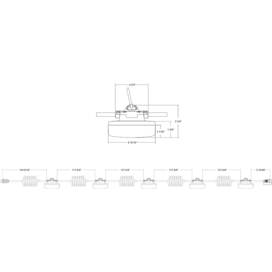 Dimension drawing of the RAB STRING34-50G STRINGER34 Temporary String Light – 50ft – Grounded – 5000K – CRI 80 – 8000 Lumens – 120Vshowing fixture dimensions and mounting measurements.