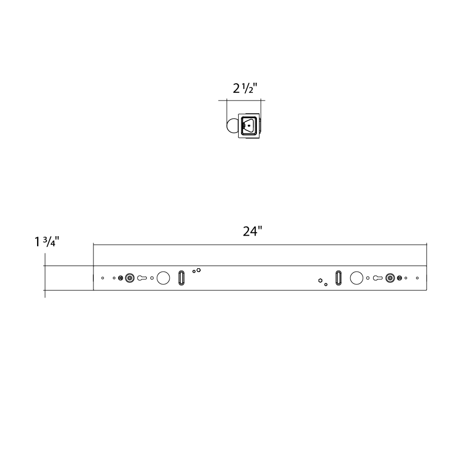 Dimension drawing of the RAB STRP2 STRP LED Strip Light – 2ft Single Tube – Selectable 6W/8W/10W – 3500K/4000K/5000K – 881-1558 Lumens – 120-277Vshowing fixture dimensions and mounting measurements.