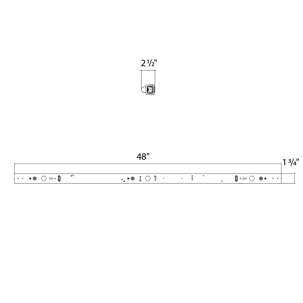 Dimension drawing of the RAB STRP4 STRP LED Strip Light – 4ft Single Tube – Selectable 10W/15W/20W – 3500K/4000K/5000K – 1558-3109 Lumens – 120-277Vshowing fixture dimensions and mounting measurements.