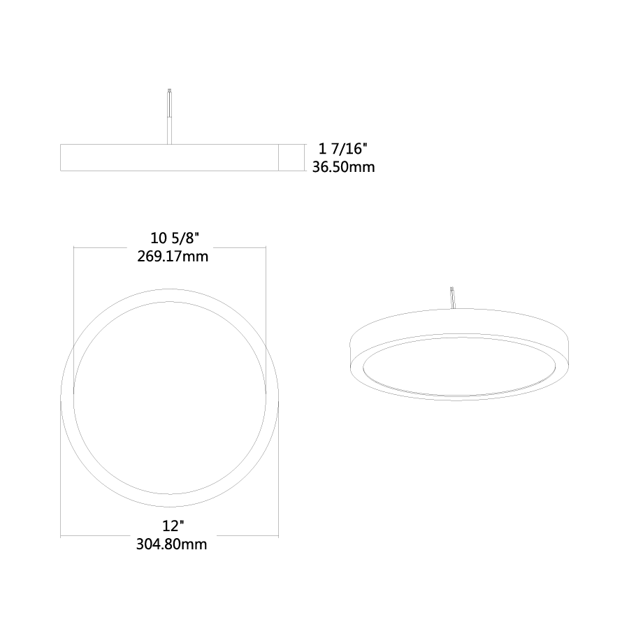 Dimension drawing of the RAB SUMO-R-12/D10 SUMO LED Surface Mount Ceiling Light – 12" Round – 24W – Selectable 2700K/3000K/3500K/4000K/5000K – 1800-1950 Lumens – 120-277V – 0-10V & TRIAC Dimmable – 90 CRI – White Finishshowing fixture dimensions and mounting measurements.