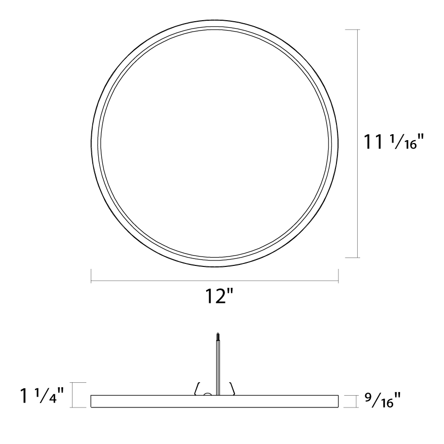 Dimension drawing of the RAB SUMO-R-12 SUMO LED Surface Mount Ceiling Light – 12" Round – 24W – Selectable 2700K/3000K/3500K/4000K/5000K – 1619-1738 Lumens – 120V – 90 CRI – White Finishshowing fixture dimensions and mounting measurements.