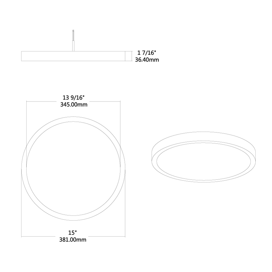 Dimension drawing of the RAB SUMO-R-15 SUMO LED Surface Mount Ceiling Light – 15" Round – Selectable 2700K/3000K/3500K/4000K/5000K – 1950-2200 Lumens – 120V – 90 CRI – White Finishshowing fixture dimensions and mounting measurements.