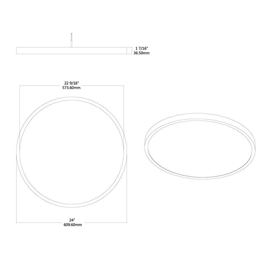 Dimension drawing of the RAB SUMO-R-24/D10 SUMO LED Surface Mount Ceiling Light – 24" Round – 35W – Selectable 2700K/3000K/3500K/4000K/5000K – 2600-2850 Lumens – 120-277V – 0-10V & TRIAC Dimmable – 90 CRI – White Finishshowing fixture dimensions and mounting measurements.