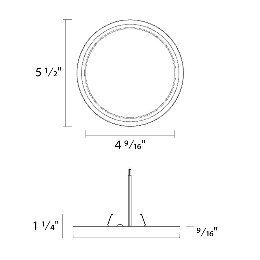 Dimension drawing of the RAB SUMO-R-5 SUMO LED Surface Mount Ceiling Light – 5.5" Round – 10W – Selectable 2700K/3000K/3500K/4000K/5000K – 830-896 Lumens – 120V – 90 CRI – White Finishshowing fixture dimensions and mounting measurements.
