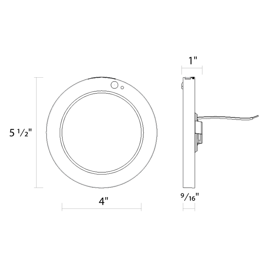 Dimension drawing of the RAB SUMO-R-5/PIR SUMO LED Surface Mount Ceiling Light – 5.5" Round – 10W – Selectable 2700K/3000K/3500K/4000K/5000K – 863-958 Lumens – 120V – PIR Occupancy Sensor – 90 CRI – White Finishshowing fixture dimensions and mounting measurements.