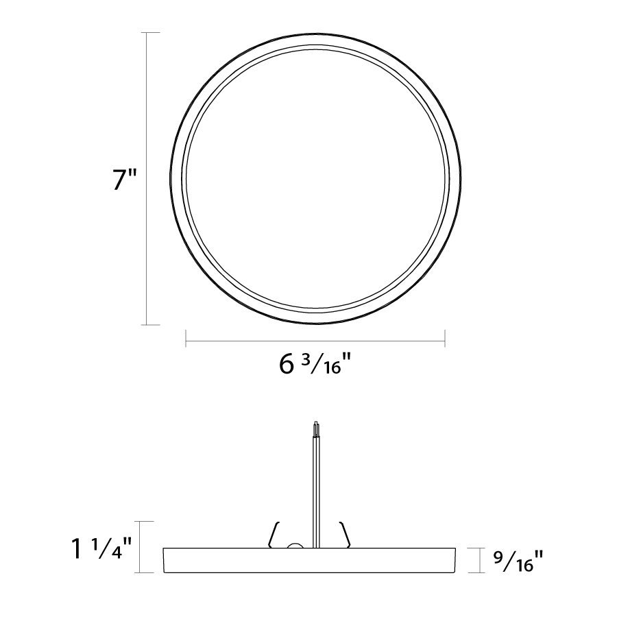 Dimension drawing of the RAB SUMO-R-7 SUMO LED Surface Mount Ceiling Light – 7" Round – 14W – Selectable 2700K/3000K/3500K/4000K/5000K – 1190-1218 Lumens – 120V – 90 CRI – White Finishshowing fixture dimensions and mounting measurements.