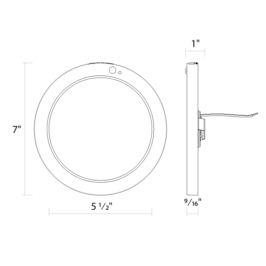 Dimension drawing of the RAB SUMO-R-7/PIR SUMO LED Surface Mount Ceiling Light – 7" Round – 14W – Selectable 2700K/3000K/3500K/4000K/5000K – 1198-1271 Lumens – 120V – PIR Occupancy Sensor – 90 CRI – White Finishshowing fixture dimensions and mounting measurements.