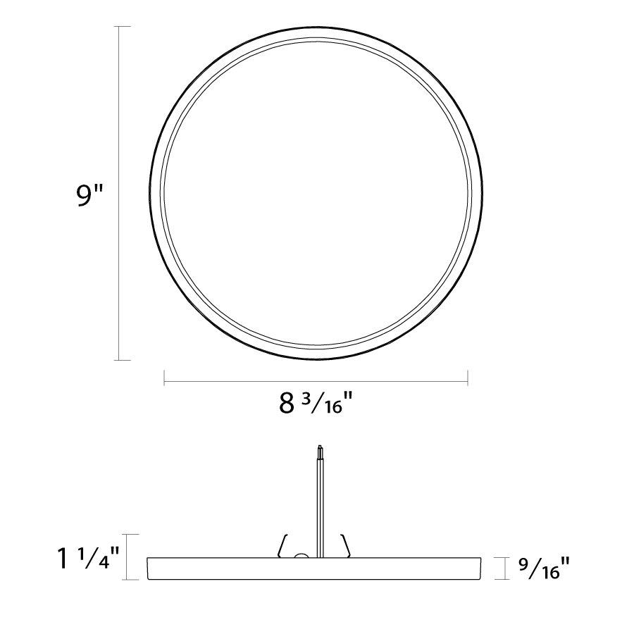 Dimension drawing of the RAB SUMO-R-9 SUMO LED Surface Mount Ceiling Light – 9" Round – 18W – Selectable 2700K/3000K/3500K/4000K/5000K – 1506-1622 Lumens – 120V – 90 CRI – White Finishshowing fixture dimensions and mounting measurements.
