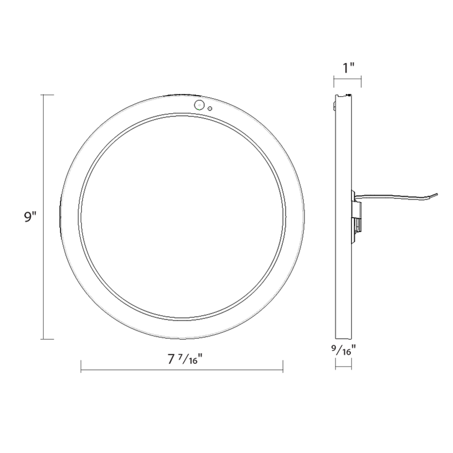 Dimension drawing of the RAB SUMO-R-9/PIR SUMO LED Surface Mount Ceiling Light – 9" Round – 18W – Selectable 2700K/3000K/3500K/4000K/5000K – 1573-1638 Lumens – 120V – PIR Occupancy Sensor – 90 CRI – White Finishshowing fixture dimensions and mounting measurements.