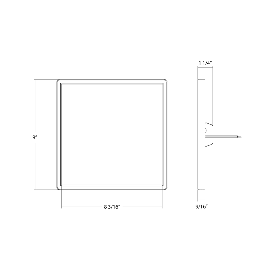 Dimension drawing of the RAB SUMO-S-9 SUMO LED Surface Mount Ceiling Light – 9" Square – 18W – Selectable 2700K/3000K/3500K/4000K/5000K – 1471-1539 Lumens – 120V – 90 CRI – White Finishshowing fixture dimensions and mounting measurements.