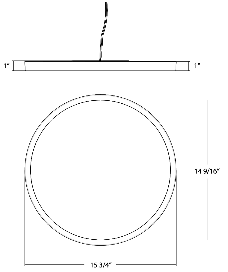 Dimension drawing of the RAB SUMO34-R-15 SUMO LED Surface Mount Ceiling Light – 15" Round – 17W – Selectable 2700K/3000K/3500K/4000K/5000K – 1210-1385 Lumens – 120V – TRIAC Dimmable – 90 CRI – White Finishshowing fixture dimensions and mounting measurements.