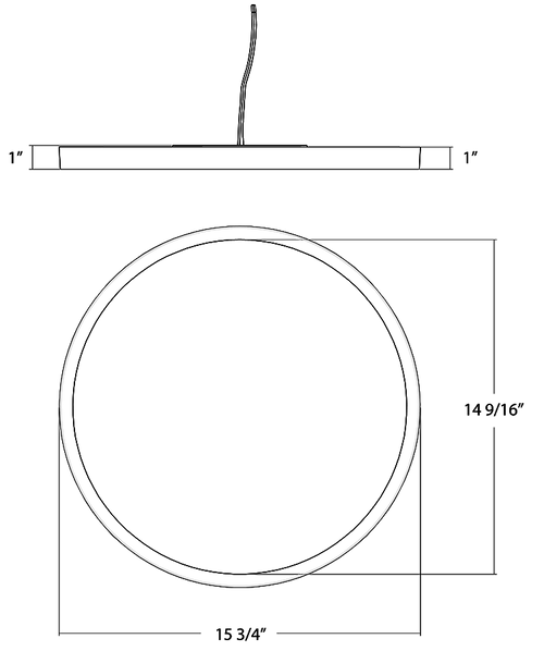 Dimension drawing of the RAB SUMO34-R-15 SUMO LED Surface Mount Ceiling Light – 15" Round – 17W – Selectable 2700K/3000K/3500K/4000K/5000K – 1210-1385 Lumens – 120V – TRIAC Dimmable – 90 CRI – White Finishshowing fixture dimensions and mounting measurements.