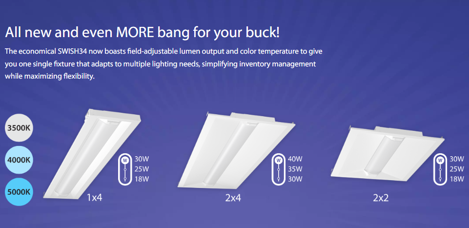 RAB SWISH34-2X2 LED Center Basket Troffer – 2x2 – Selectable 18W/25W/30W – 3500K/4000K/5000K – 2397-3700 Lumens – 120-277V