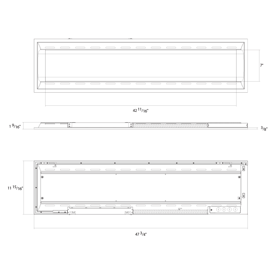 Dimension drawing of the RAB SWISHAIR1X4/E LED Air Handling Troffer – 1x4 – Selectable 18W/26W/35W – 3500K/4000K/5000K – 2455-4922 Lumens – 120-277V – Emergency Battery Backupshowing fixture dimensions and mounting measurements.