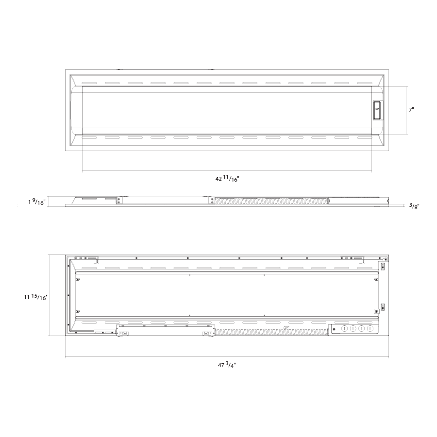 Dimension drawing of the RAB SWISHAIR1X4/MVS/E LED Air Handling Troffer – 1x4 – Selectable 18W/26W/35W – 3500K/4000K/5000K – 2455-4922 Lumens – 120-277V – Microwave Occupancy Sensor – Emergency Battery Backupshowing fixture dimensions and mounting measurements.