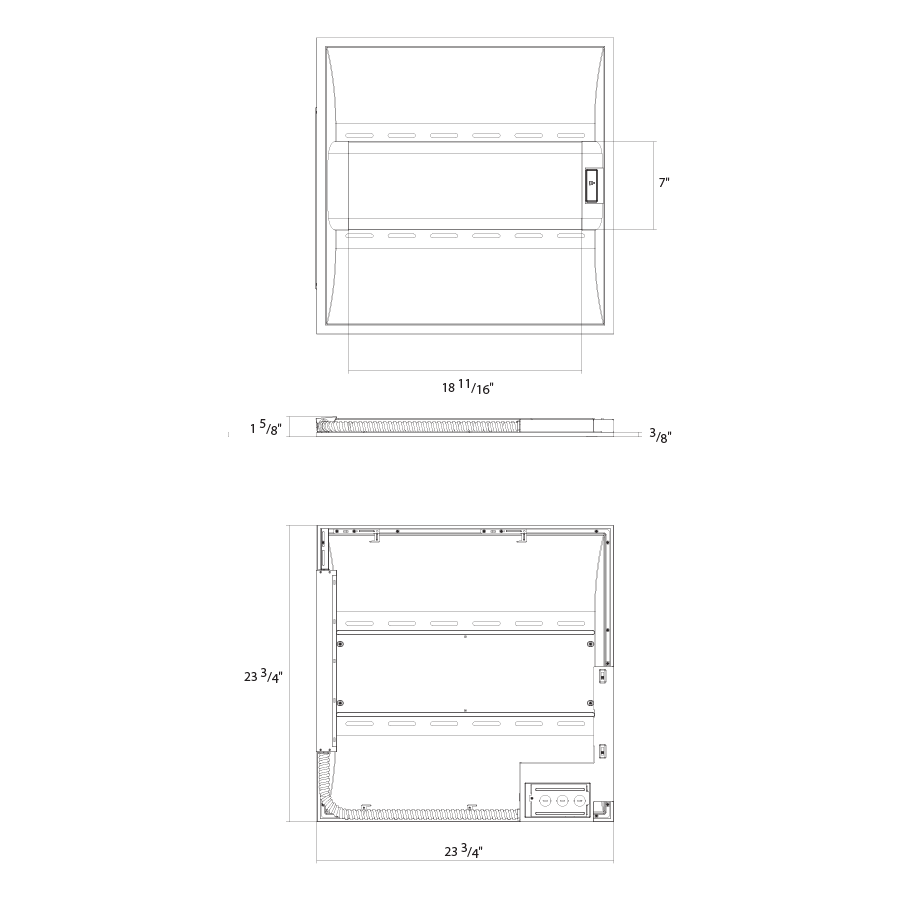 Dimension drawing of the RAB SWISHAIR2X2/MVS/E LED Air Handling Troffer – 2x2 – Selectable 18W/26W/35W – 3500K/4000K/5000K – 2386-4702 Lumens – 120-277V – Microwave Occupancy Sensor – Emergency Battery Backupshowing fixture dimensions and mounting measurements.