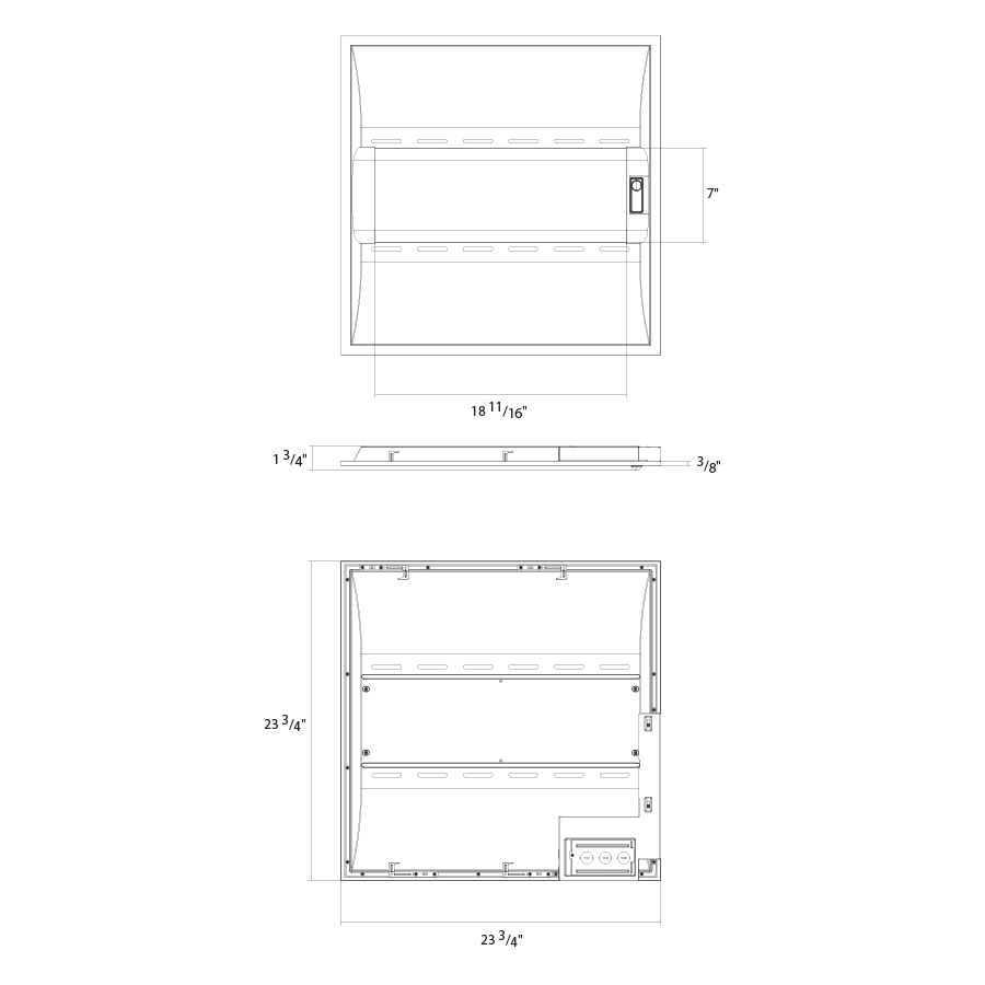 Dimension drawing of the RAB SWISHAIR2X2/PIR LED Air Handling Troffer – 2x2 – Selectable 18W/26W/35W – 3500K/4000K/5000K – 2386-4702 Lumens – 120-277V – PIR Occupancy Sensorshowing fixture dimensions and mounting measurements.
