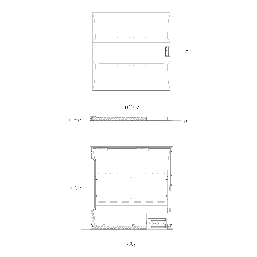 Dimension drawing of the RAB SWISHAIR2X2/PIR/E LED Air Handling Troffer – 2x2 – Selectable 18W/26W/35W – 3500K/4000K/5000K – 2386-4702 Lumens – 120-277V – PIR Occupancy Sensor – Emergency Battery Backupshowing fixture dimensions and mounting measurements.