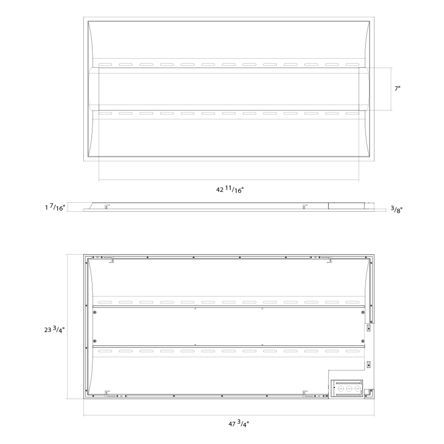 Dimension drawing of the RAB SWISHAIR2X4 LED Air Handling Troffer – 2x4 – Selectable 26W/35W/44W – 3500K/4000K/5000K – 3681-6047 Lumens – 120-277Vshowing fixture dimensions and mounting measurements.