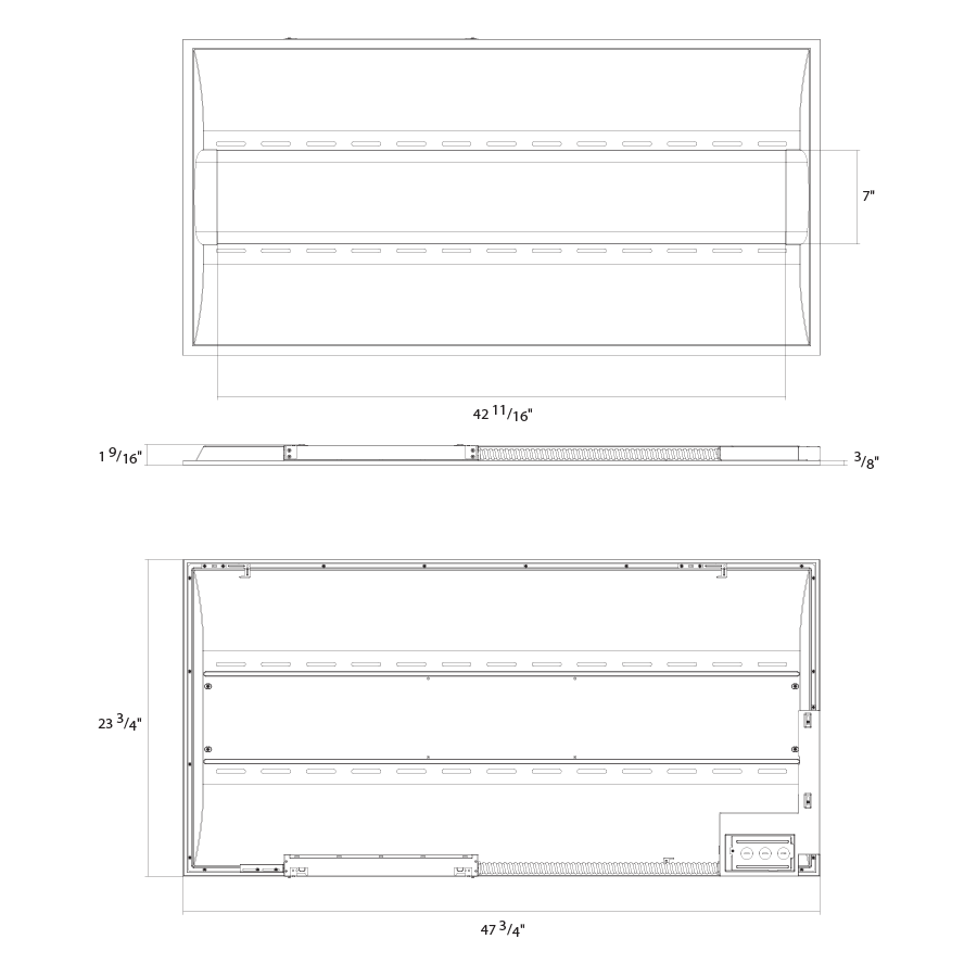 Dimension drawing of the RAB SWISHAIR2X4/E LED Air Handling Troffer – 2x4 – Selectable 26W/35W/44W – 3500K/4000K/5000K – 3681-6047 Lumens – 120-277V – Emergency Battery Backupshowing fixture dimensions and mounting measurements.