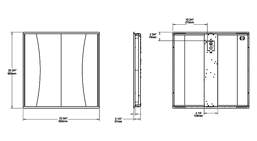 Dimension drawing of the RAB SWISHFA-EDGE2X2-840U/E2 SWISHFA Edge-Lit LED Troffer – 2x2 – Selectable 19W/29W/39W – 4000K – 3355 Lumens – 120-277V – Emergency Battery Backupshowing fixture dimensions and mounting measurements.