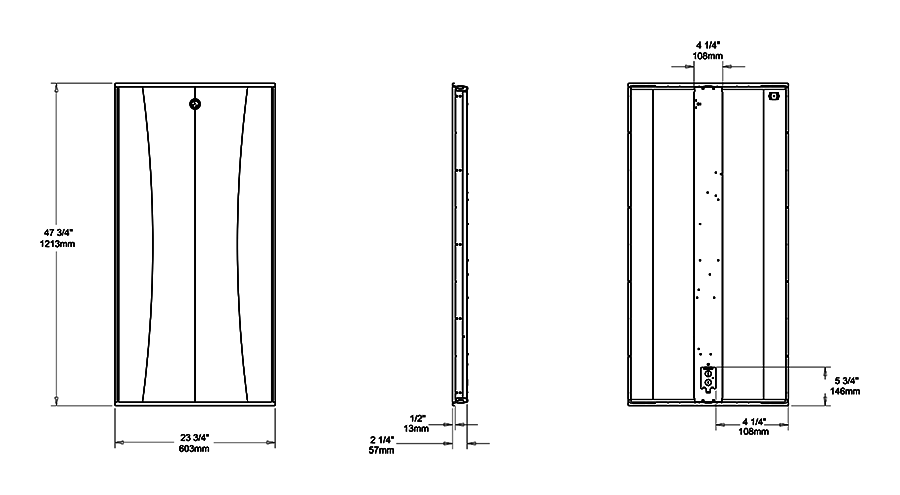 Dimension drawing of the RAB SWISHFA-EDGE2X4-840U/E2 SWISHFA Edge-Lit LED Troffer – 2x4 – Selectable 29W/39W/49W – 4000K – 4991 Lumens – 120-277V – Emergency Battery Backupshowing fixture dimensions and mounting measurements.
