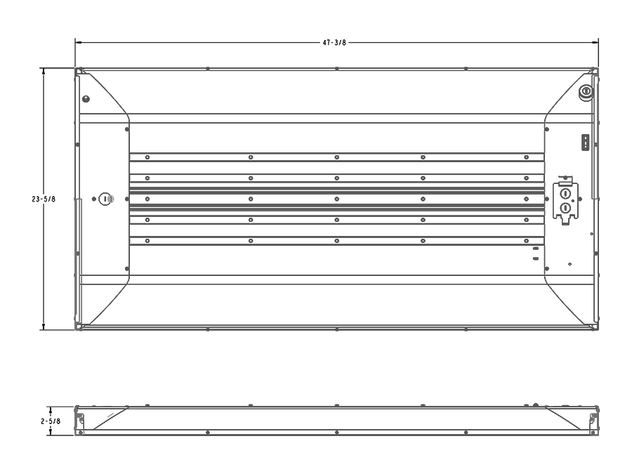 Dimension drawing of the RAB SWISHFA-ISLAND2X4/MVS SWISH ISLAND Field-Adjustable LED Troffer – 2x4 – Selectable 29W/39W/49W – 3500K/4000K – 3537-5561 Lumens – 120-277V – Microwave Occupancy Sensorshowing fixture dimensions and mounting measurements.