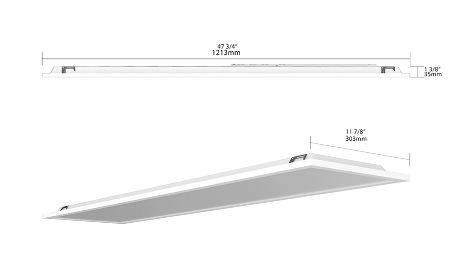 Dimension drawing of the RAB T34FA-1X4/E 1x4 LED Panel Light with Emergency Battery Backup - 2137-4089 Lumens - 20W–40W Selectable Wattage - 3CCT Selectable - 120-277Vshowing fixture dimensions and mounting measurements.