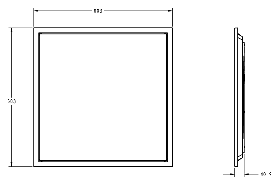 Dimension drawing of the RAB T34FA-2X2/E 2x2 LED Panel Light with Emergency Battery Backup - 2279-4328 Lumens - 20W–40W Selectable Wattage - 3CCT Selectable - 120-277Vshowing fixture dimensions and mounting measurements.