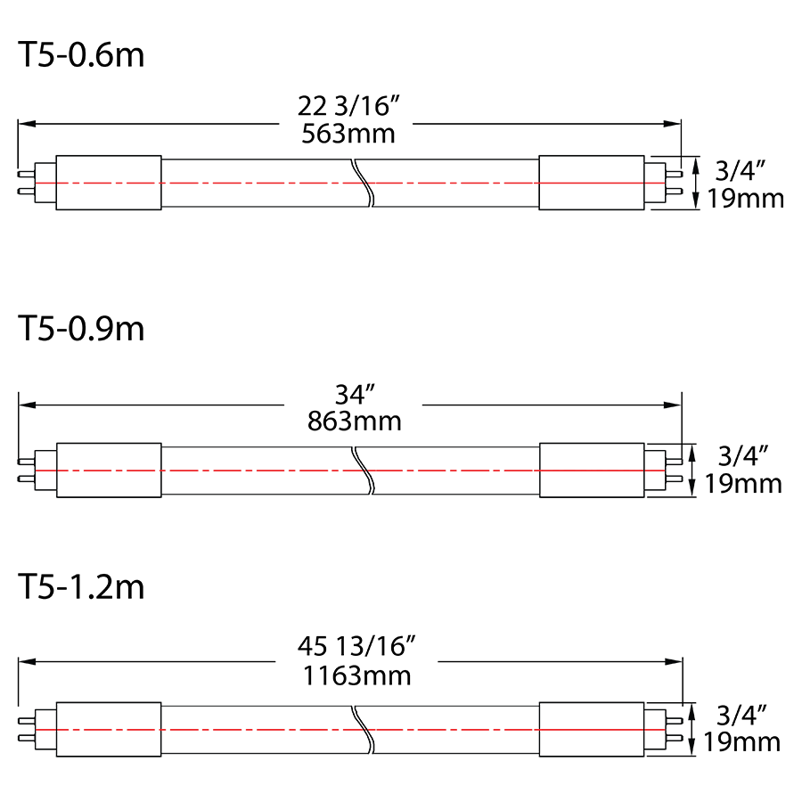 Dimension drawing of the RAB T5HO-25-48G-850-DIR T5HO LED Tube – 4ft – Type A Ballast Compatible – 25W – 5000K – 3600 Lumens – G5 Base – Ballast Dependentshowing fixture dimensions and mounting measurements.