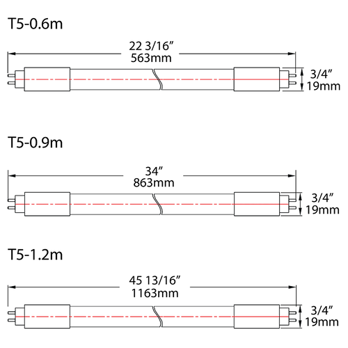 Dimension drawing of the RAB T5HO-25-48G-850-DIR T5HO LED Tube – 4ft – Type A Ballast Compatible – 25W – 5000K – 3600 Lumens – G5 Base – Ballast Dependentshowing fixture dimensions and mounting measurements.