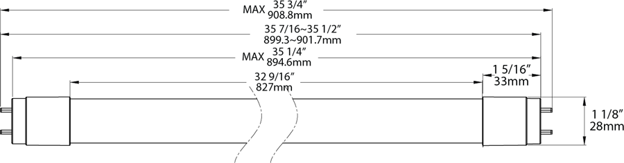 Dimension drawing of the RAB T8-11-36G-840-EXT T8 LED Tube – 3ft – Type C External Driver – 11W – 4000K – 1800 Lumens – Driver Dependentshowing fixture dimensions and mounting measurements.