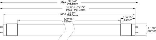 Dimension drawing of the RAB T8-11-36G-850-EXT T8 LED Tube – 3ft – Type C External Driver – 13W – 5000K – 1800 Lumens – Driver Dependentshowing fixture dimensions and mounting measurements.