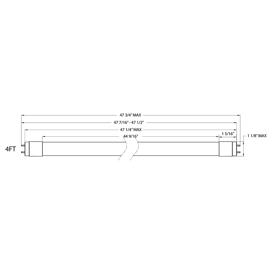 Dimension drawing of the RAB T8-11-48G-835-EXT T8 LED Tube – 4ft – Type C External Driver – 11W – 3500K – 1800 Lumens – Driver Dependentshowing fixture dimensions and mounting measurements.
