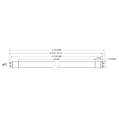 Dimension drawing of the RAB T8-11-48G-835-EXT T8 LED Tube – 4ft – Type C External Driver – 11W – 3500K – 1800 Lumens – Driver Dependentshowing fixture dimensions and mounting measurements.