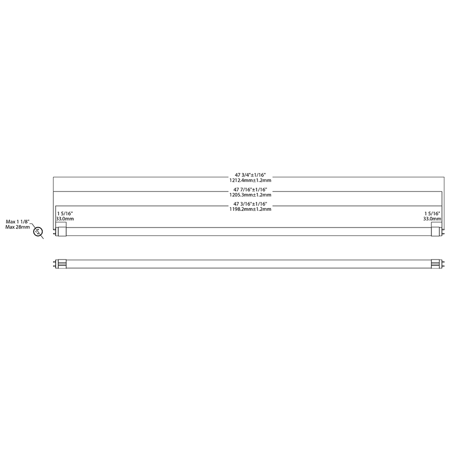 Dimension drawing of the RAB T8-11H-48G-835-EXT T8 LED Tube – 4ft – Type C External Driver – 11W – 3500K – 2150 Lumens – Driver Dependentshowing fixture dimensions and mounting measurements.