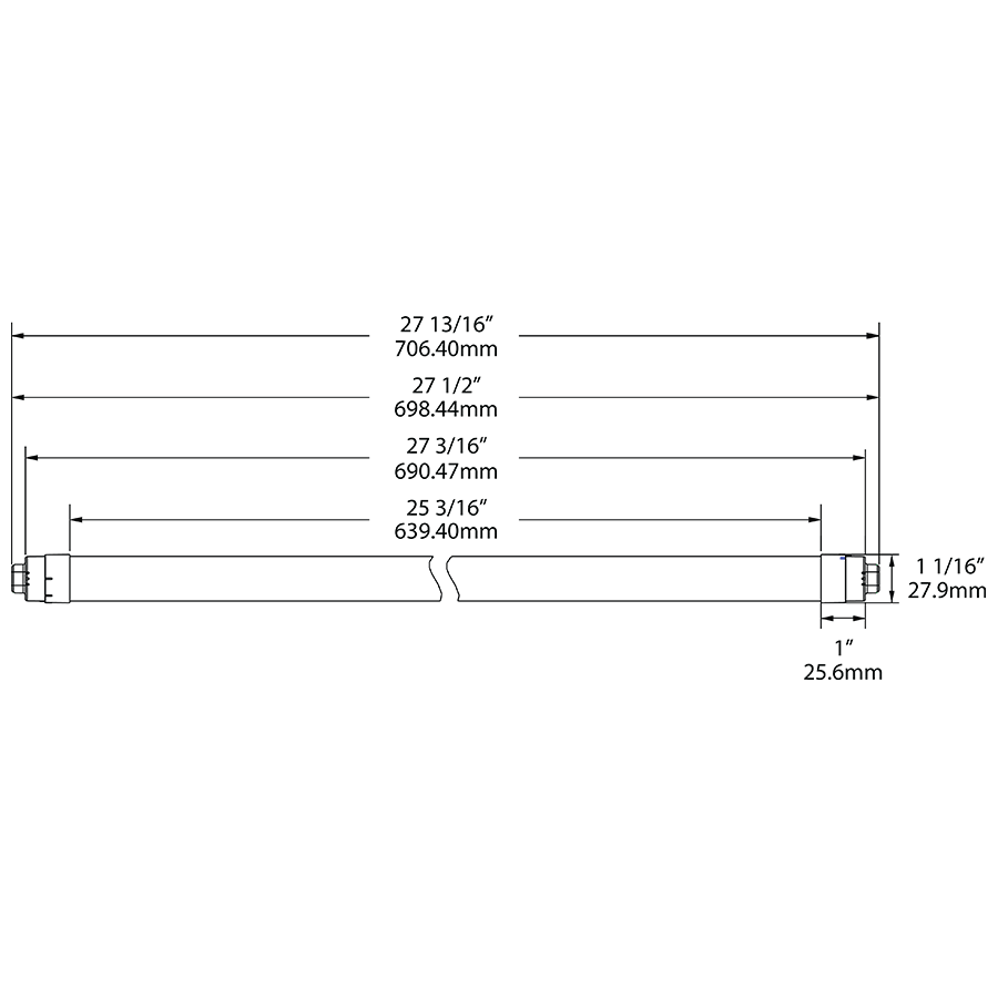 Dimension drawing of the RAB T8-12-30P2S-865-DE-BYP T8 LED Sign Tube – 30in – Type B Ballast Bypass – Double Ended – 12W – 6500K – 1600 Lumens – Dual-Sided Illumination – 120-277Vshowing fixture dimensions and mounting measurements.