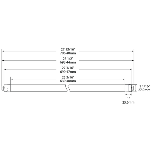 Dimension drawing of the RAB T8-12-30P2S-865-DE-BYP T8 LED Sign Tube – 30in – Type B Ballast Bypass – Double Ended – 12W – 6500K – 1600 Lumens – Dual-Sided Illumination – 120-277Vshowing fixture dimensions and mounting measurements.