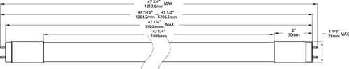 Dimension drawing of the RAB T8-12-48G-850-HYB T8 LED Tube – 4ft – Type A+B Hybrid – 12W – 5000K – 1800 Lumens – 120-277V / Ballast Dependentshowing fixture dimensions and mounting measurements.